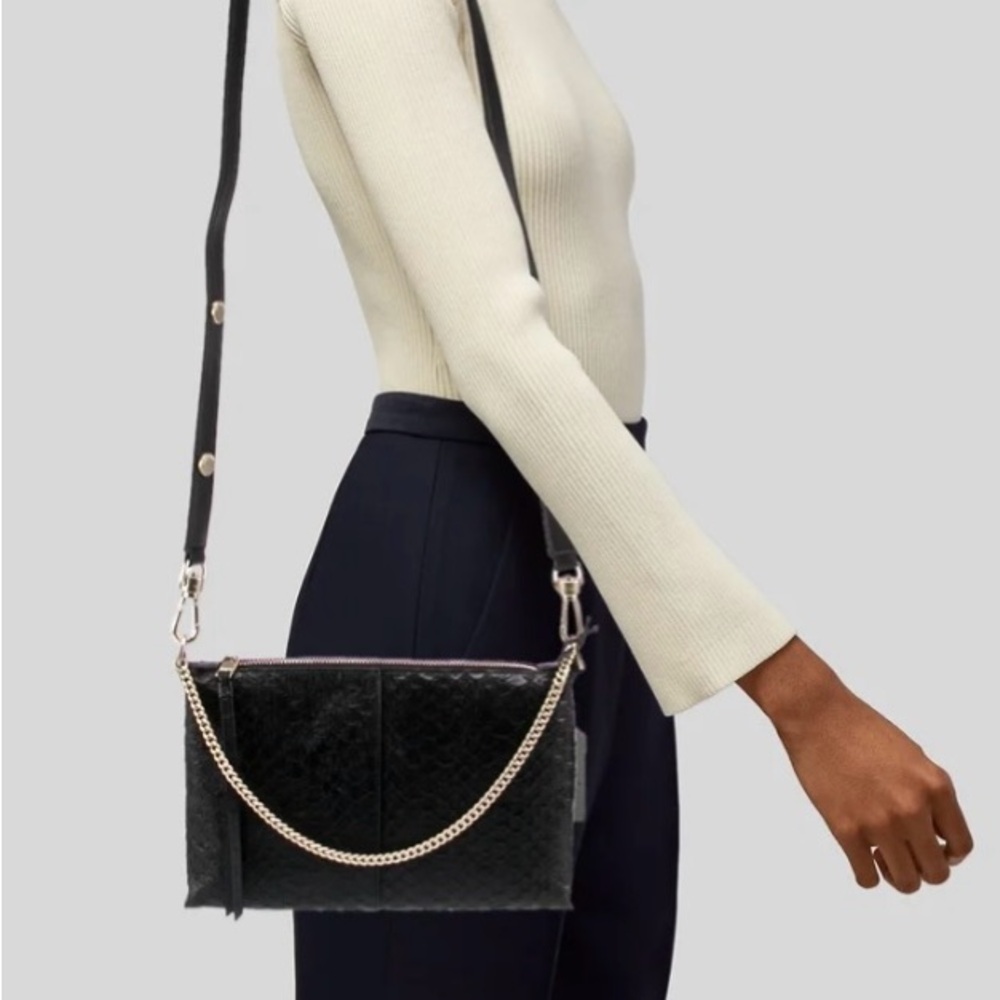 New- AllSaints Leather Crossbody Bag, With Chain-Link Handle, Black